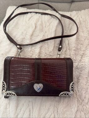 Women’s Brown Croc-Embossed Crossbody Bag with Heart Accent